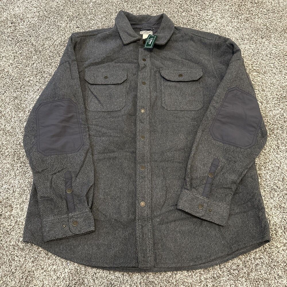 LL Bean Gray Allagash Fleece Shirt Snap Shacket Elbow Patches Men’s Large NWT